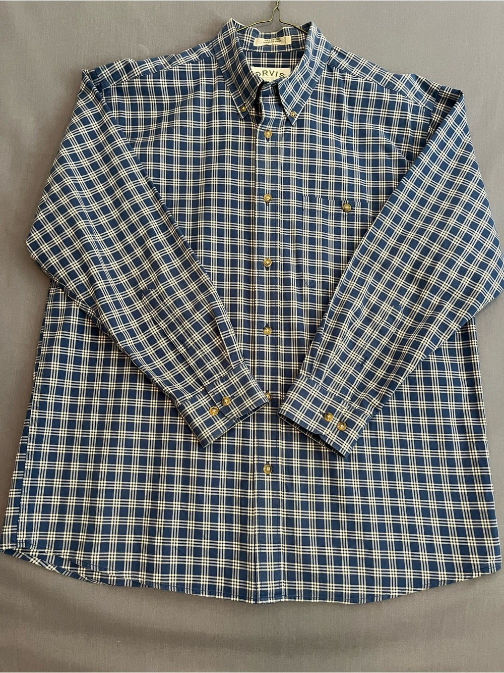 Orvis Men’s 100% Cotton Navy Plaid Button-Down Shirt L